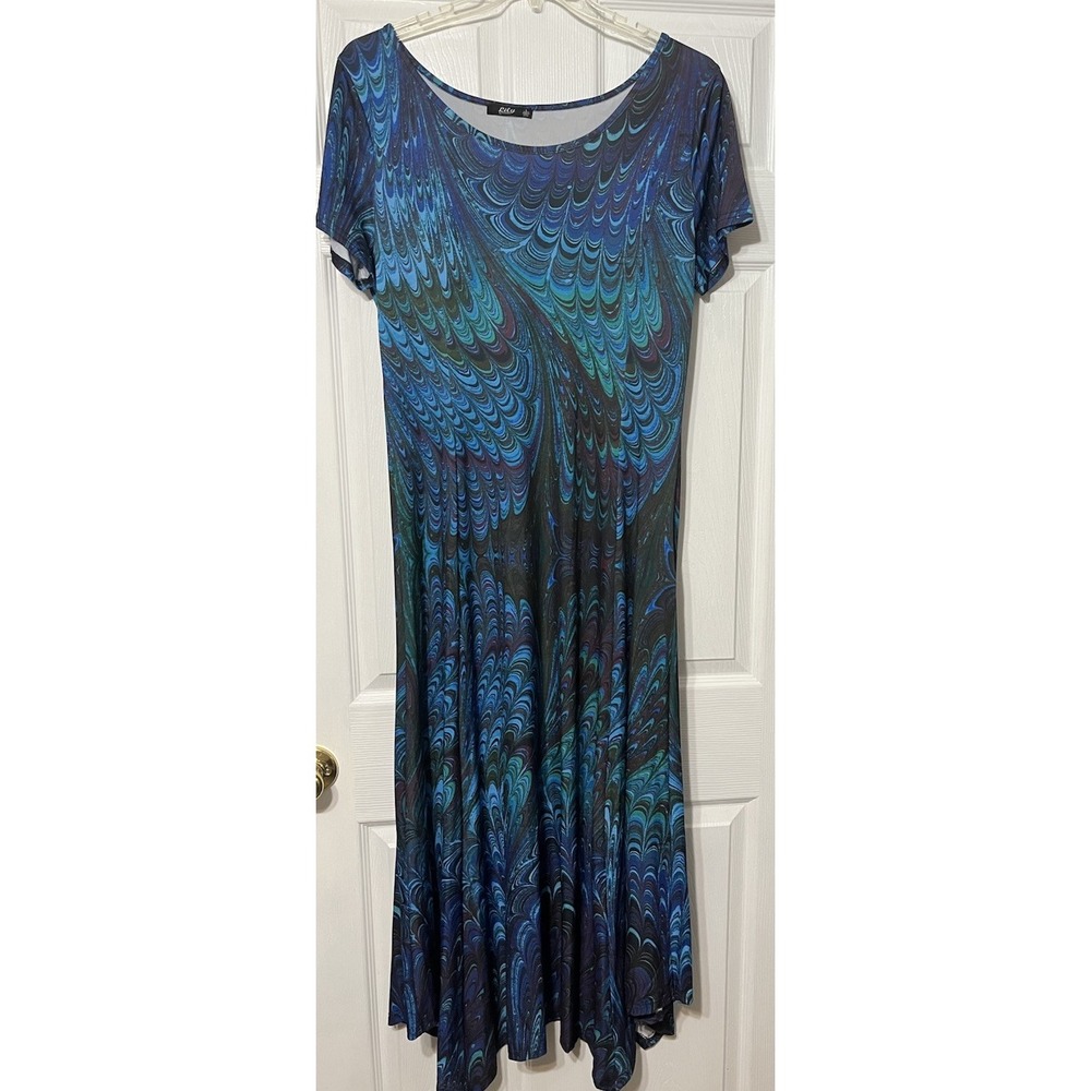 Lily by Firmiana Watercolor Whimsy Maxi Dress Large Handkerchief Sharkbite Hem‎